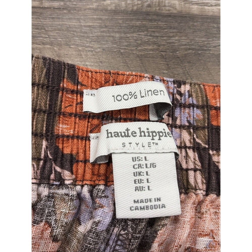 Haute Hippie Pants 100% Linen Floral Wide Leg Cropped Pants Size L Resort Vaca - Picture 8 of 13